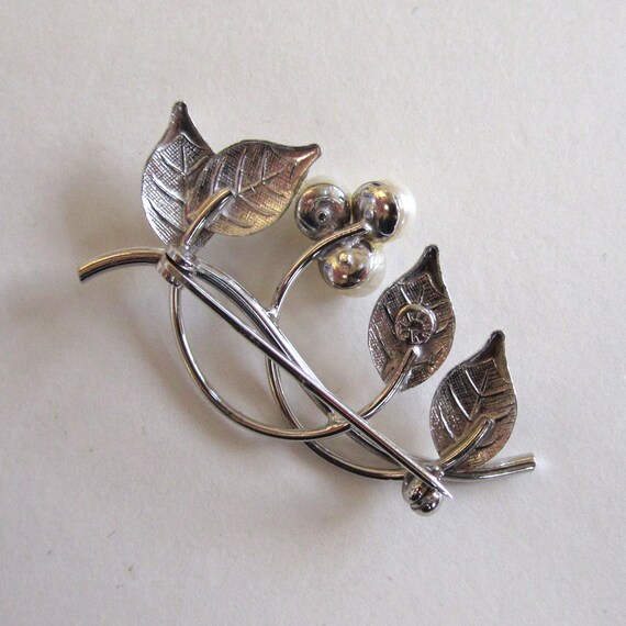 Sterling Silver Cultured Pearl Leaf Brooch/Pin - image 3
