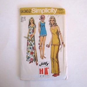 May include: A vintage Simplicity sewing pattern for a dress and trousers. The pattern is for size 14, bust 36 inches, waist 27 inches. The pattern is called "Jiffy" and is easy cut and easy sew. The pattern is for a miss.