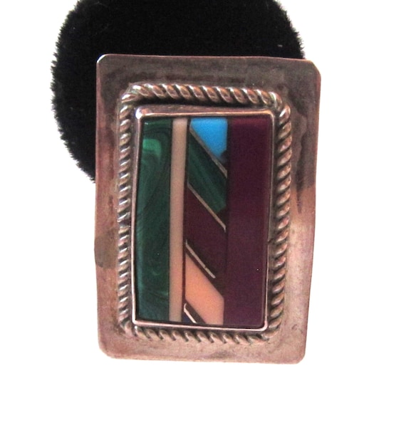 Circa 1980s Native American Inlay Sterling Silver 
