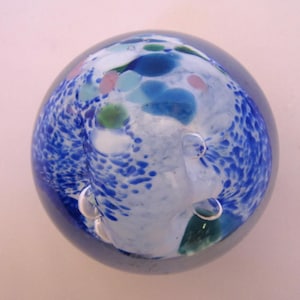 Blue Art Glass Bubbles and Swirl Round Paperweight