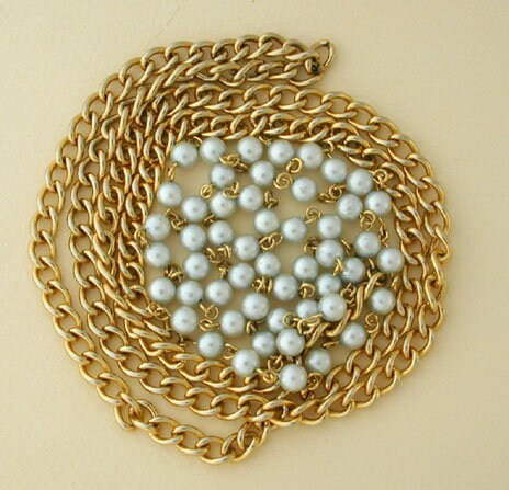 Vintage Long Bar Chain. 70cm Faux Pearl Necklace. Rolled