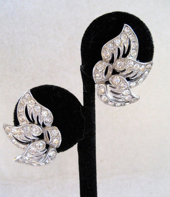 Circa 1950s Rhinestone Openwork Winged Earrings