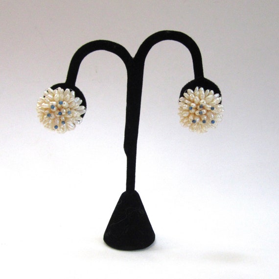 Circa 1960s Rice Pearl Cluster Earrings with Blue… - image 1