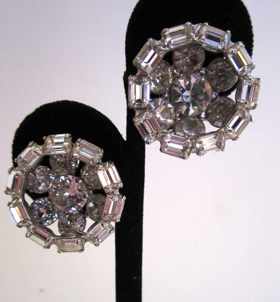 Circa 1950s Kramer Round Rhinestone Wheel Earrings - image 2