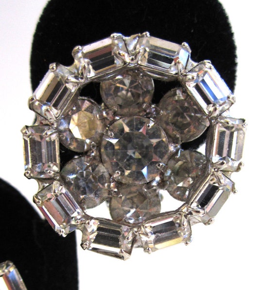 Circa 1950s Kramer Round Rhinestone Wheel Earrings - image 1