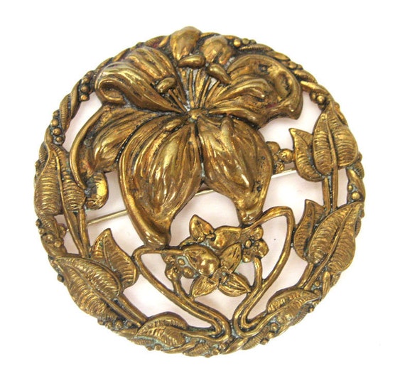 Art Nouveau Brass Lily Brooch/Pin