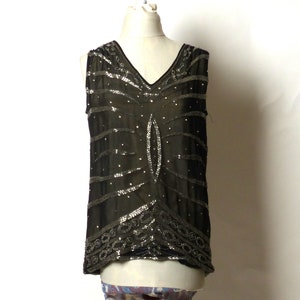 Circa 1920s Schwarz und Silber Seide Perlen Top/Bluse