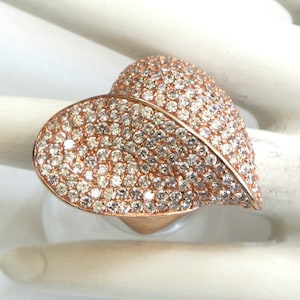 Circa 1980s Sterling Silver Rose Gold Vermeil Heart-Shaped Rhinestone Ring