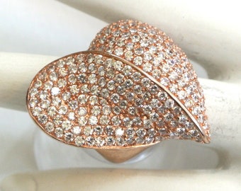 Circa 1980s Sterling Silver Rose Gold Vermeil Heart-Shaped Rhinestone Ring