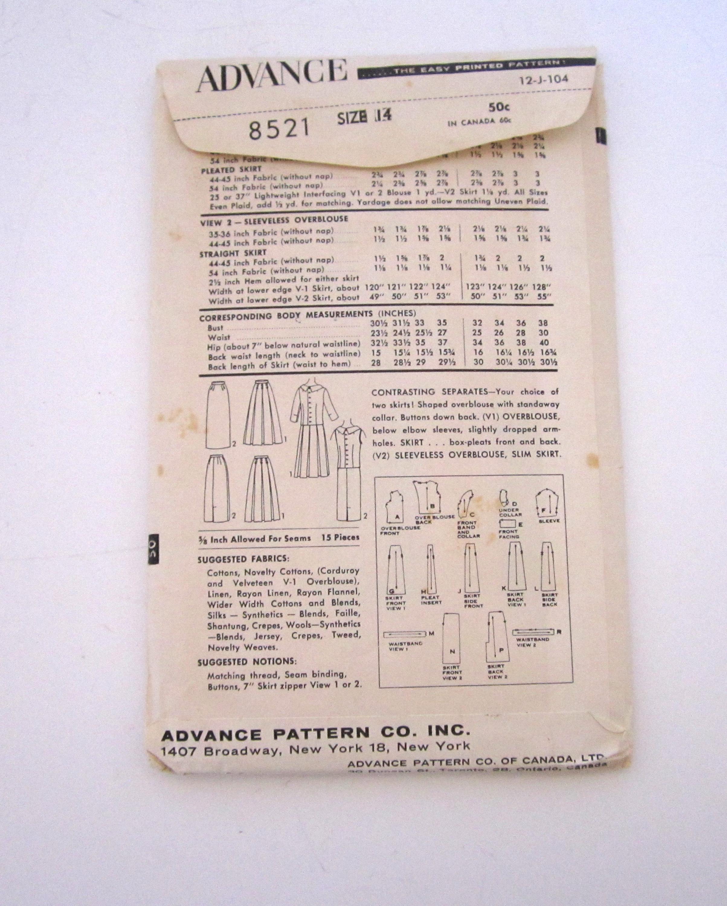 Vintage Advance Sewing Pattern 8521 - Skirts and Blouse/overtop - Etsy