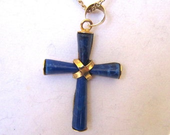 Vintage Sodalite and Gold Tone Cross Pendant/Necklace