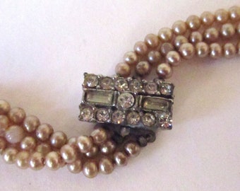 Circa 1950s Triple Strand Rhinestone Graduated Glass Faux Pearl
