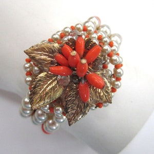 Circa 1950s Faux Pearl and Faux Coral Bead Wired Gold Leaf Bracelet