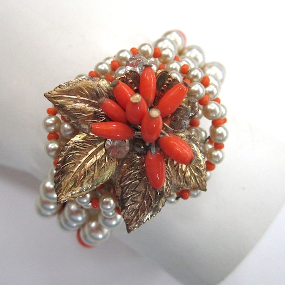 Circa 1950s Faux Pearl and Faux Coral Bead Wired … - image 1