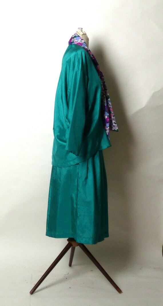 Circa 1970s Teal Suit Set with Silk Floral Sash - image 4