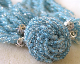 Circa 1950s Japanese Blue Seed Bead Rosette Choker/Necklace