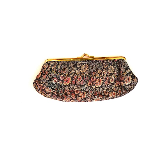 Black Floral Silk Clutch Purse/Handbag with Leath… - image 1