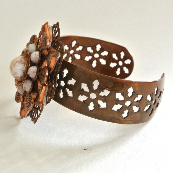 Copper Glass Floral Cuff Bracelet Gem
