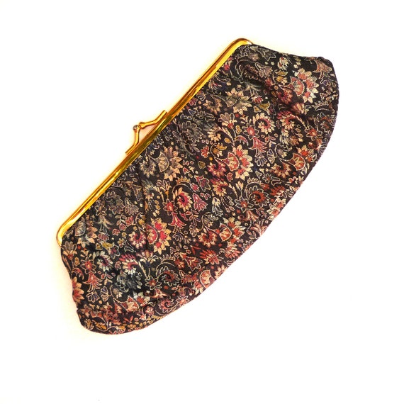 Black Floral Silk Clutch Purse/Handbag with Leath… - image 2