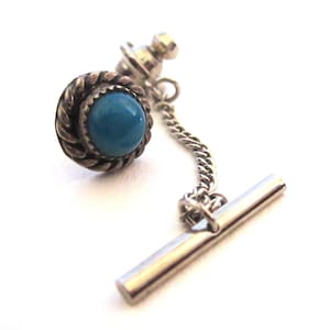 Circa 1980s Silver and Blue Stone Tie Tack/Brooch/Pin