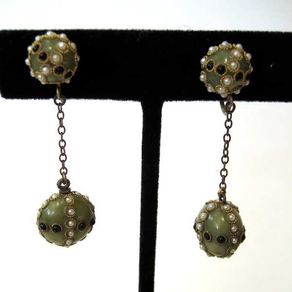 Circa 1920s Faux Pearl and Black Bead Olive Green Earrings