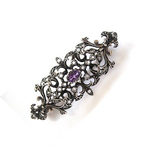 Victorian Sterling Silver Amethyst and Rose Cut Diamond Brooch/Pin