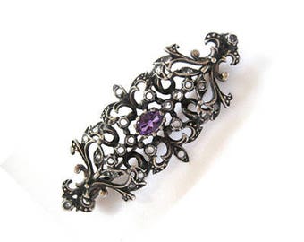 Victoriaanse sterlingzilveren amethist en roosgeslepen diamanten broche/pin