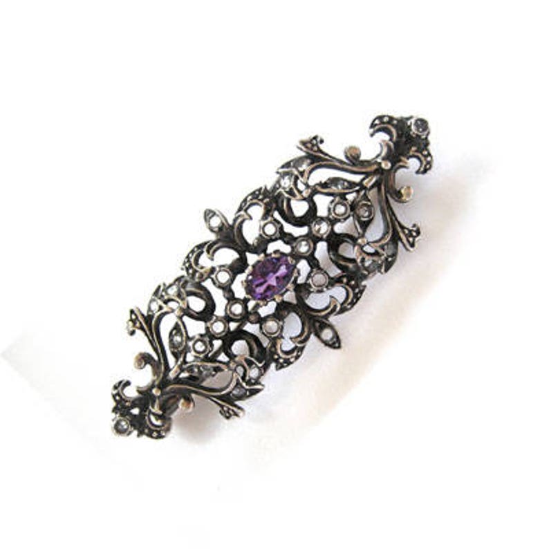 Victorian Sterling Silver Amethyst and Rose Cut Diamond BroochPin