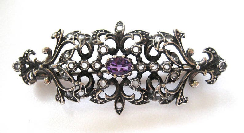 Victorian Sterling Silver Amethyst and Rose Cut Diamond BroochPin