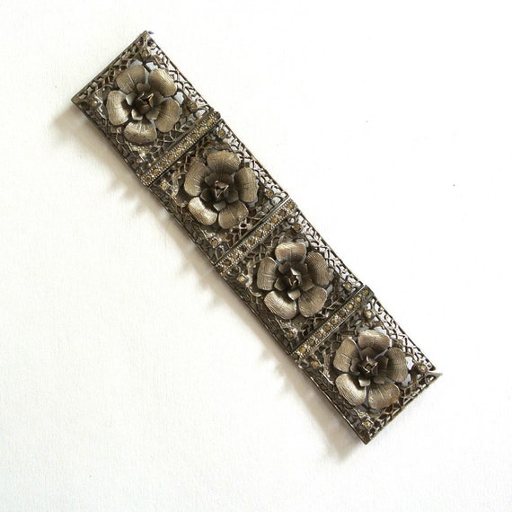 RESERVED: Art Deco Silver Metal Floral Filigree Belt Buckle  display picture 1
