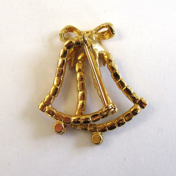 Goldtone Rhinestone Christmas Bells Brooch/Pin - image 2