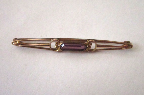 Circa 1900s 10K Amethyst Bar Brooch/Pin - image 2