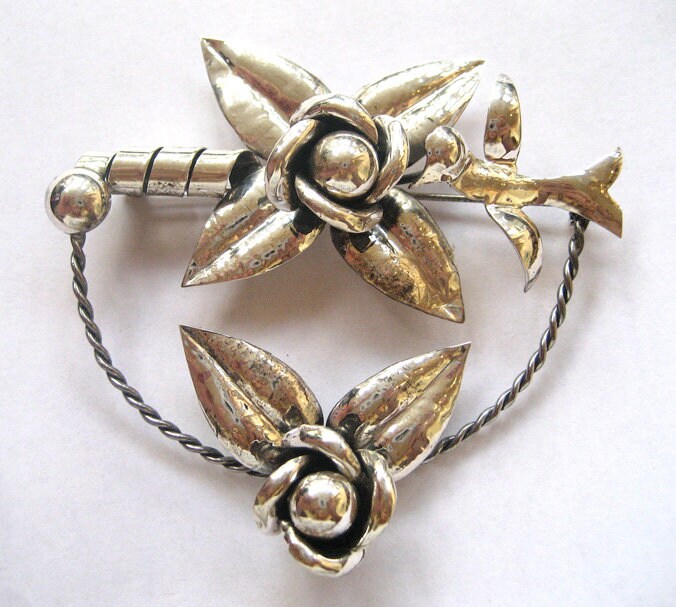 Broche En Argent Ancienne Décor Oiseaux Flam - Style Art Déco France - Occasion