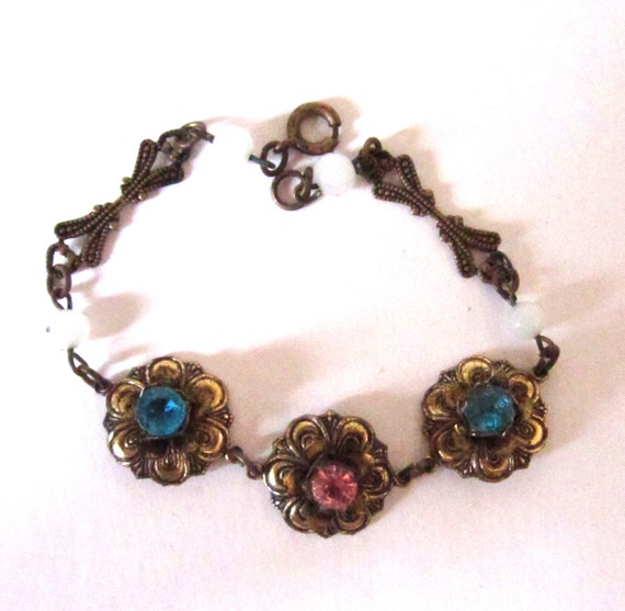 Circa 1940s Floral Pastel Rhinestone Link Bracelet - image 3