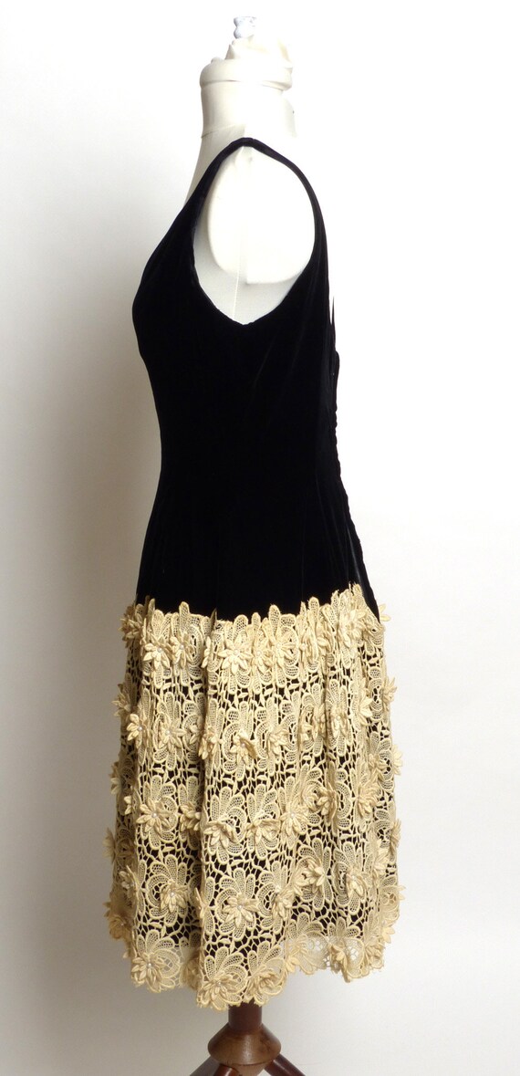 Circa 1950s Black Silk Velvet Dress with Crochete… - image 2