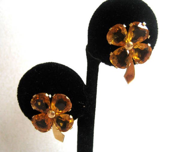 14K Yellow Gold Citrine Clover Screw-back Earrings