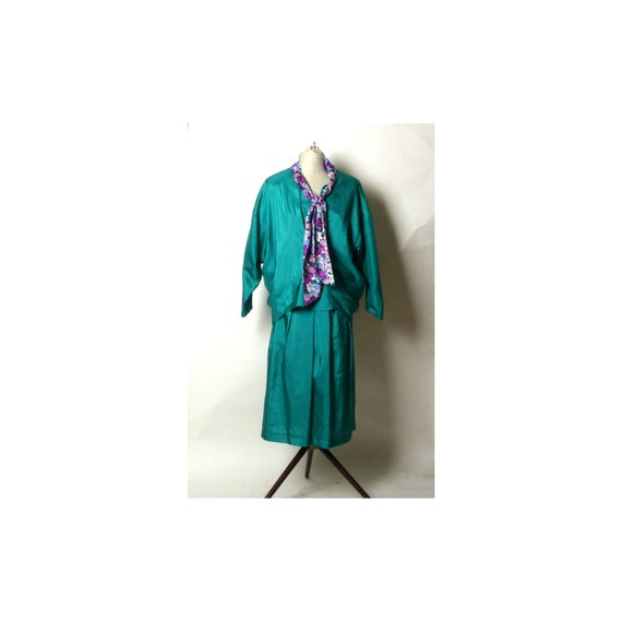 Circa 1970s Teal Suit Set with Silk Floral Sash - image 1