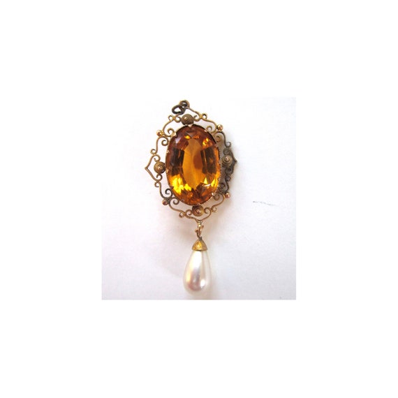 Circa 1960s Filigree Faux Topaz and Pearl Pendant - image 1