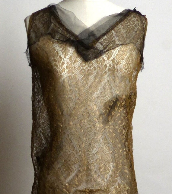 Circa 1920s Black and Gold Silk Tulle Dress