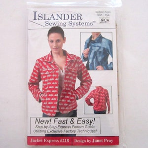 May include: A sewing pattern for a red and white patterned jacket with a step-by-step guide. The pattern is called "Jacket Express #218" and is designed by Janet Pray. It includes sizes XXS-4XL.