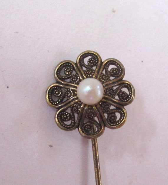 Circa 1970s Gold Tone Filigree Faux Pearl Stick P… - image 1