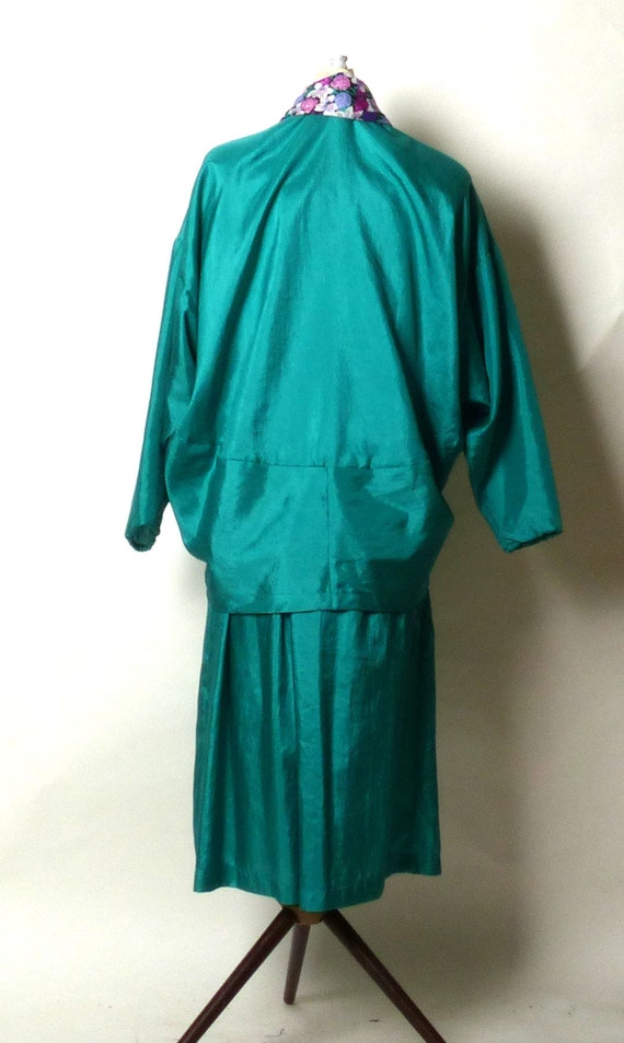 Circa 1970s Teal Suit Set with Silk Floral Sash - image 3