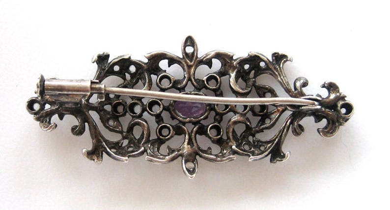 Victorian Sterling Silver Amethyst and Rose Cut Diamond BroochPin