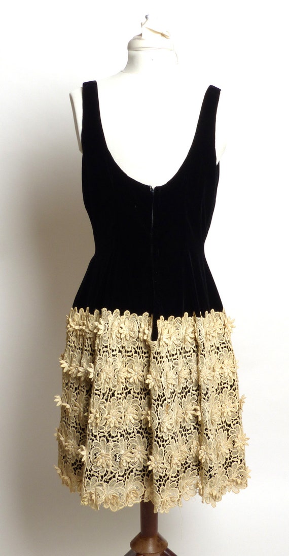 Circa 1950s Black Silk Velvet Dress with Crochete… - image 4