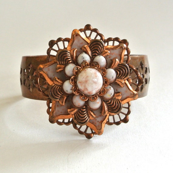 Copper Glass Floral Cuff Bracelet Gem