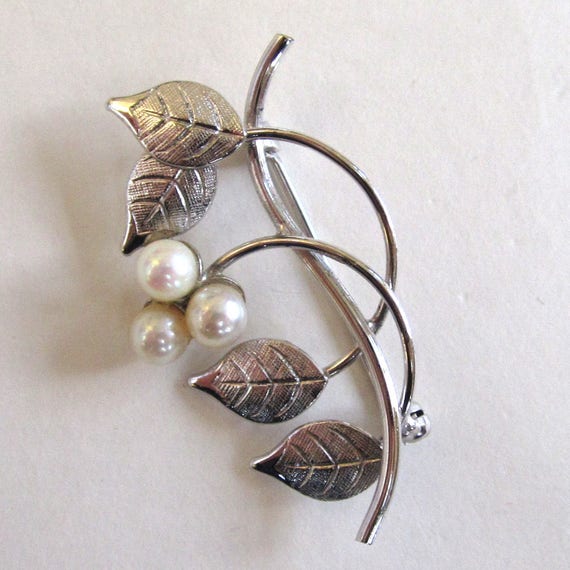 Sterling Silver Cultured Pearl Leaf Brooch/Pin - image 2