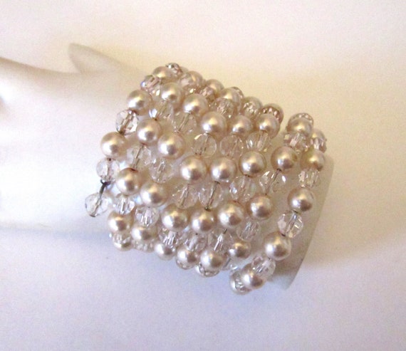 Circa 1950s Faux Pearl and Crystal Bead Wired Bra… - image 1
