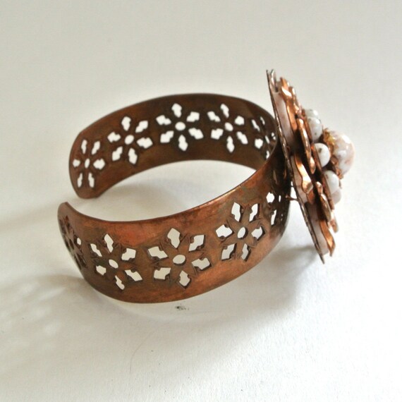 Copper Glass Floral Cuff Bracelet Gem