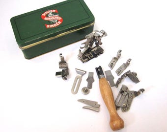 Vintage Singer Sewing Machine Attachments, German Green Tin, Simanco Parts