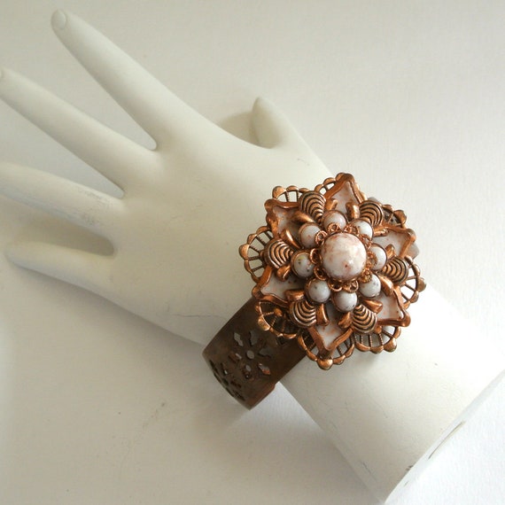 Copper Glass Floral Cuff Bracelet Gem